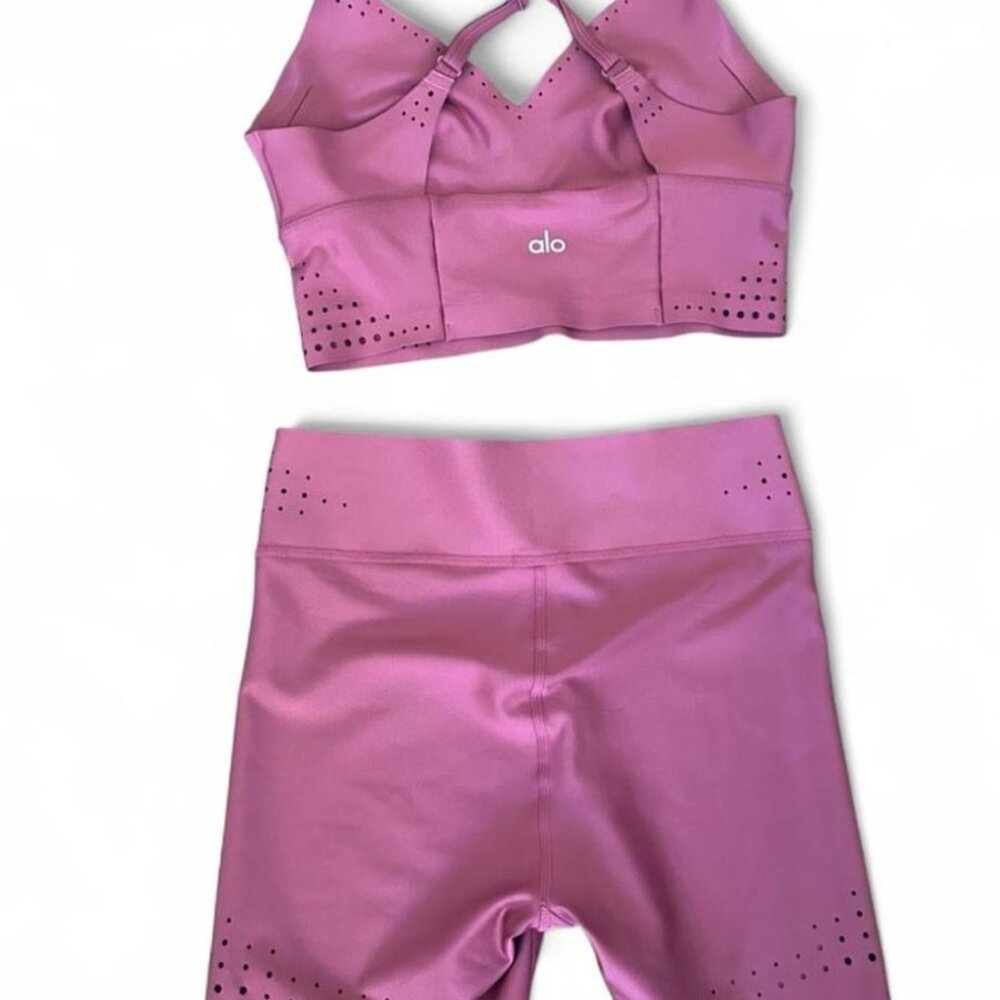ALO Yoga Pink Perforated Sports Bra & High-Waist Bike Shorts Set - Picture 2 of 6